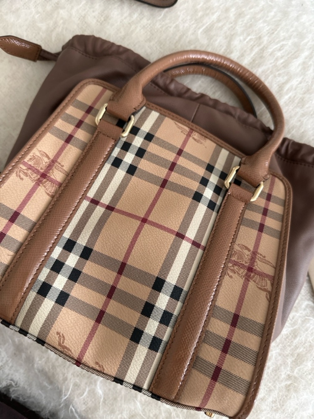 Burberry Haymarket Check Small Dinton Tote Bag Camel Leather Crossbody Vintage - Picture 3 of 7